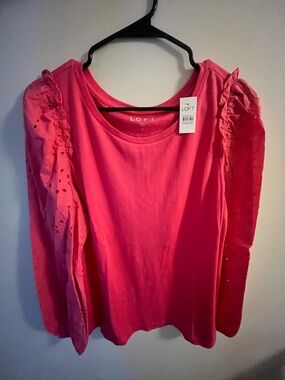 LOFT Pink Eyelet Puff Sleeve Long Sleeve Top